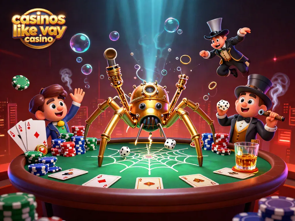 Engage with casinos like yay casino in a vibrant 3D illustration featuring steampunk elements and poker icons.