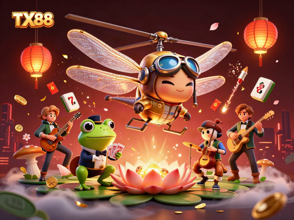 Experience excitement at TX88 casino with a dragonfly pilot, frog croupier, and joyous jazz musicians.