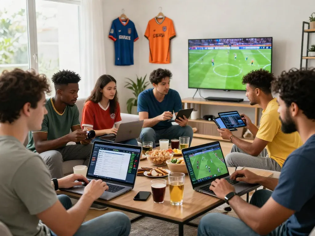 DewaGG bettors enjoying a thrilling sports betting session in a lively modern living room.