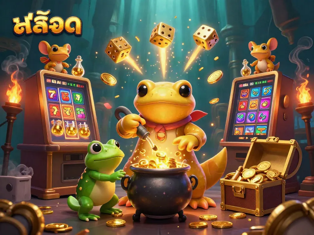 Engage with สล็อต through a vibrant scene of alchemists at work in a magical casino