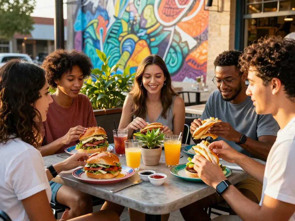 Best brunch Austin scene at an outdoor café with friends enjoying NYC-inspired breakfast sandwiches and vibrant atmosphere.