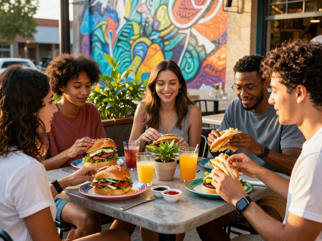Best brunch Austin scene at an outdoor café with friends enjoying NYC-inspired breakfast sandwiches and vibrant atmosphere.