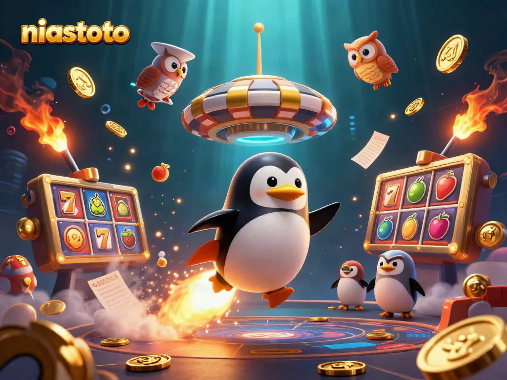 Experience thrilling wins with niastoto's rocket-powered penguin soaring towards a vibrant casino.