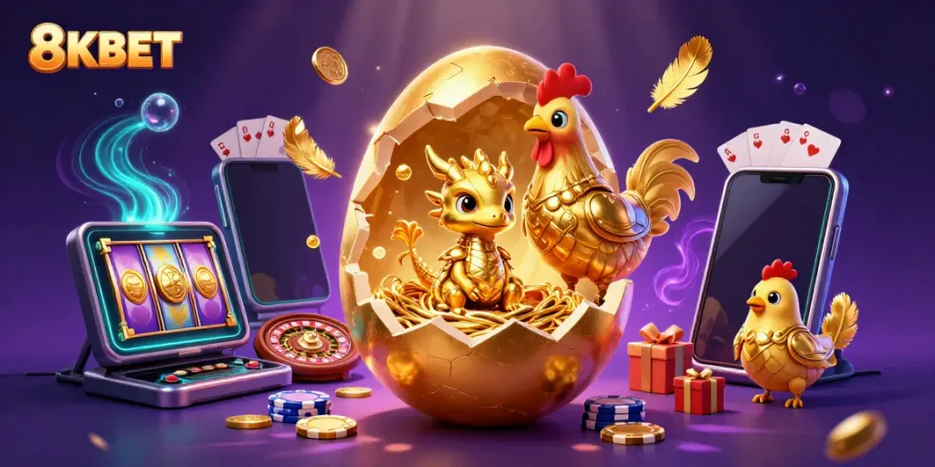 Engaging scene showcasing the 8KBET platform with a golden dragon, poker chips, and exciting gaming elements.