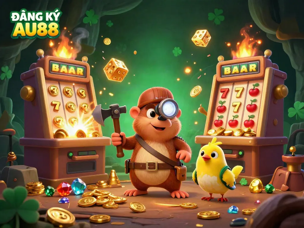 Engage in fun at ĐĂNG KÝ AU88 with thrilling gaming elements inside a vibrant, casino-styled cave.