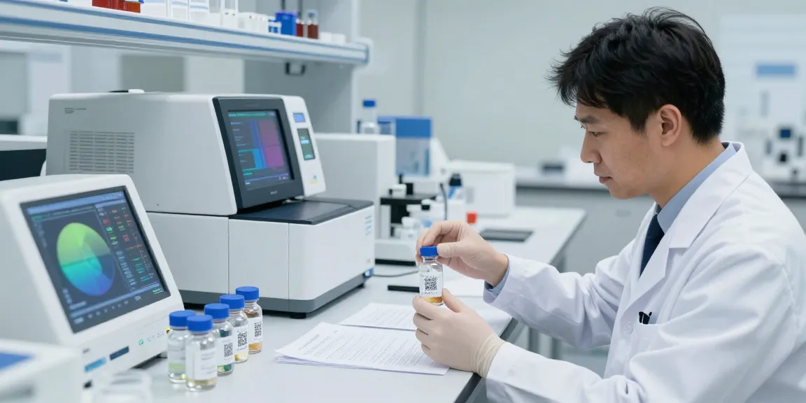 Research scientists analyzing voltres peptides in a modern lab.