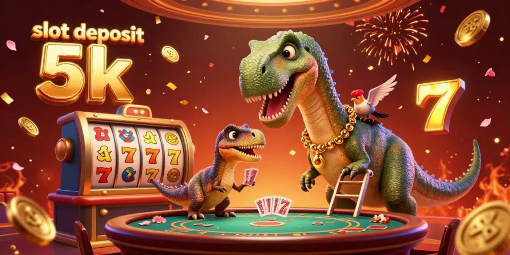 Experience thrill with slot deposit 5k featuring a cartoon brontosaurus and vibrant casino elements.