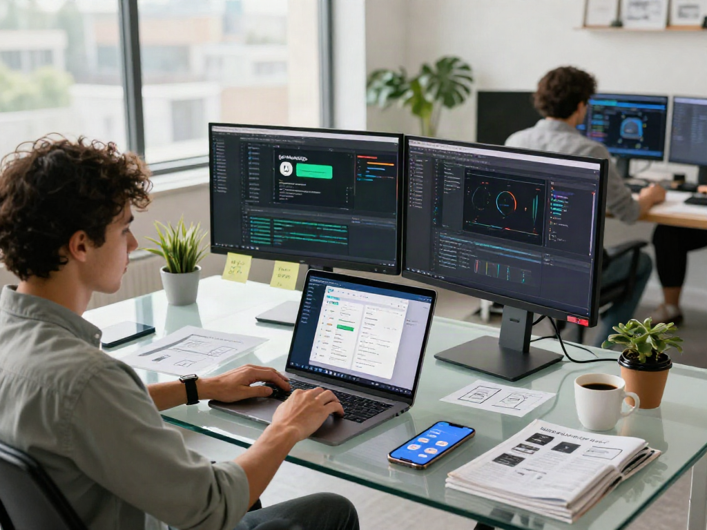 gb WhatsApp app development scene with software engineer in modern workspace