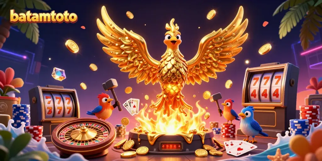 Experience batamtoto with a stunning 3D phoenix and vibrant casino elements.