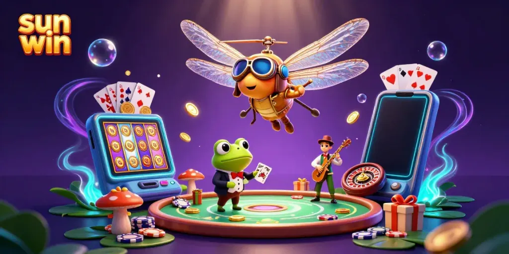 Experience sun win action with a vibrant scene of a dragonfly pilot, frog dealer, and jazz musicians.
