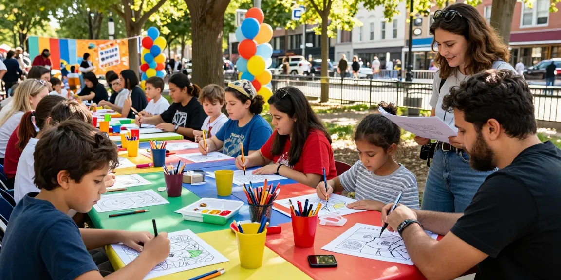 Coloring community event at freecoloringsheets.net, featuring smiling participants engaging with creative activities.