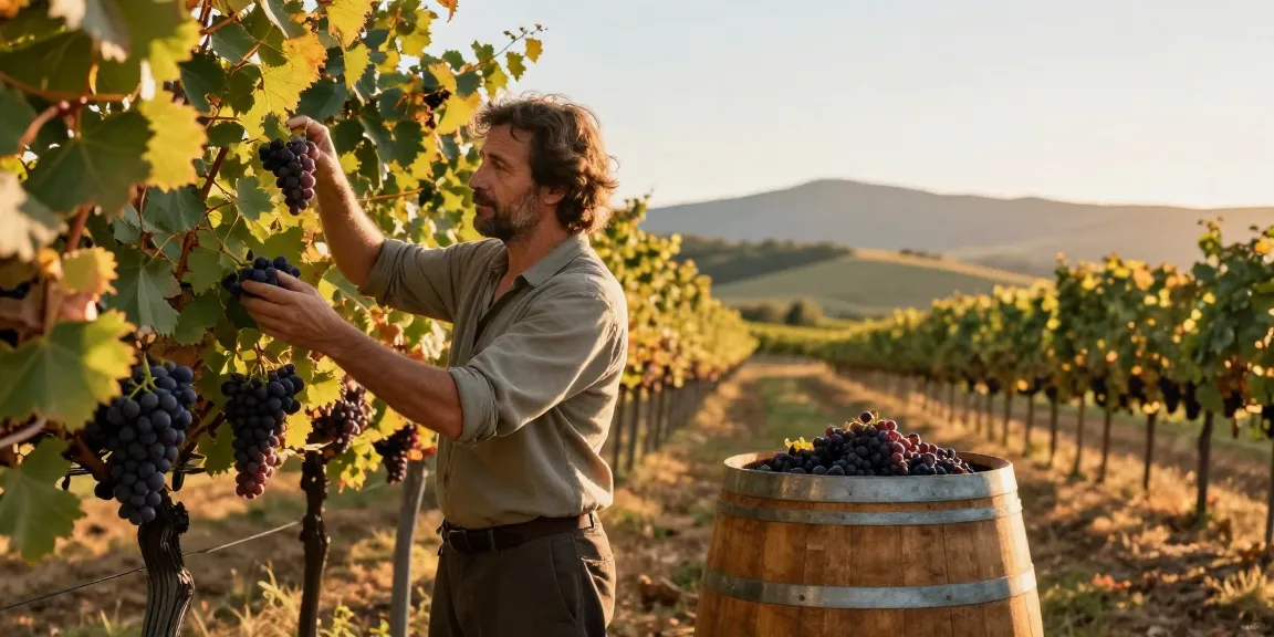 Winemaker at avpwinecollective.com inspecting grapes during harvest in a sunlit vineyard.
