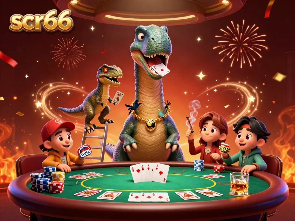 Experience thrilling poker action at scr66's vibrant casino with cartoon dinosaurs in a playful scene.