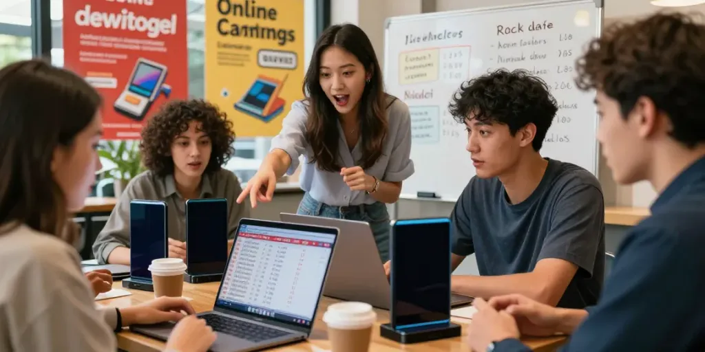 Kelompok diskusi tentang dewitogel di café modern, dengan laptop dan papan hasil lotere.