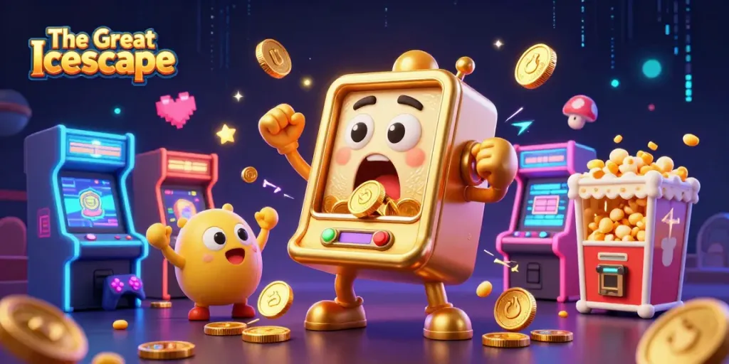Spin the reels in The Great Icescape as golden coins shower from the jackpot-winning slot machine.