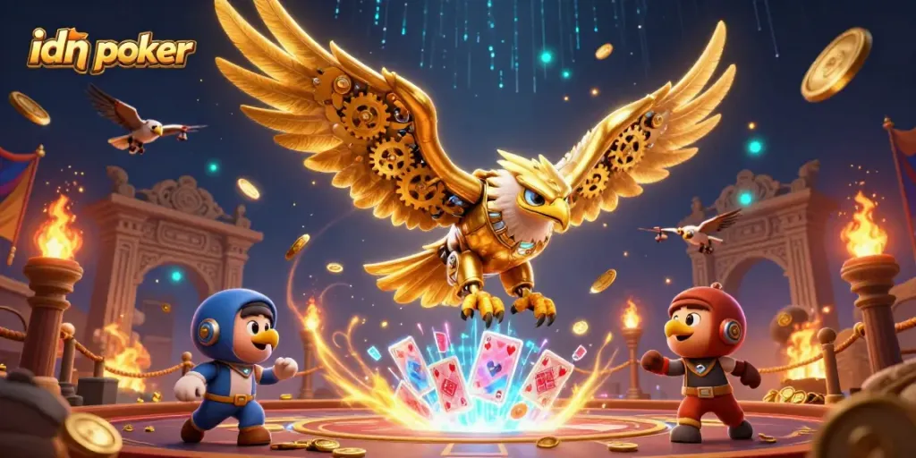 Witness the allure of idn poker with a cybernetic golden eagle among holographic cards.