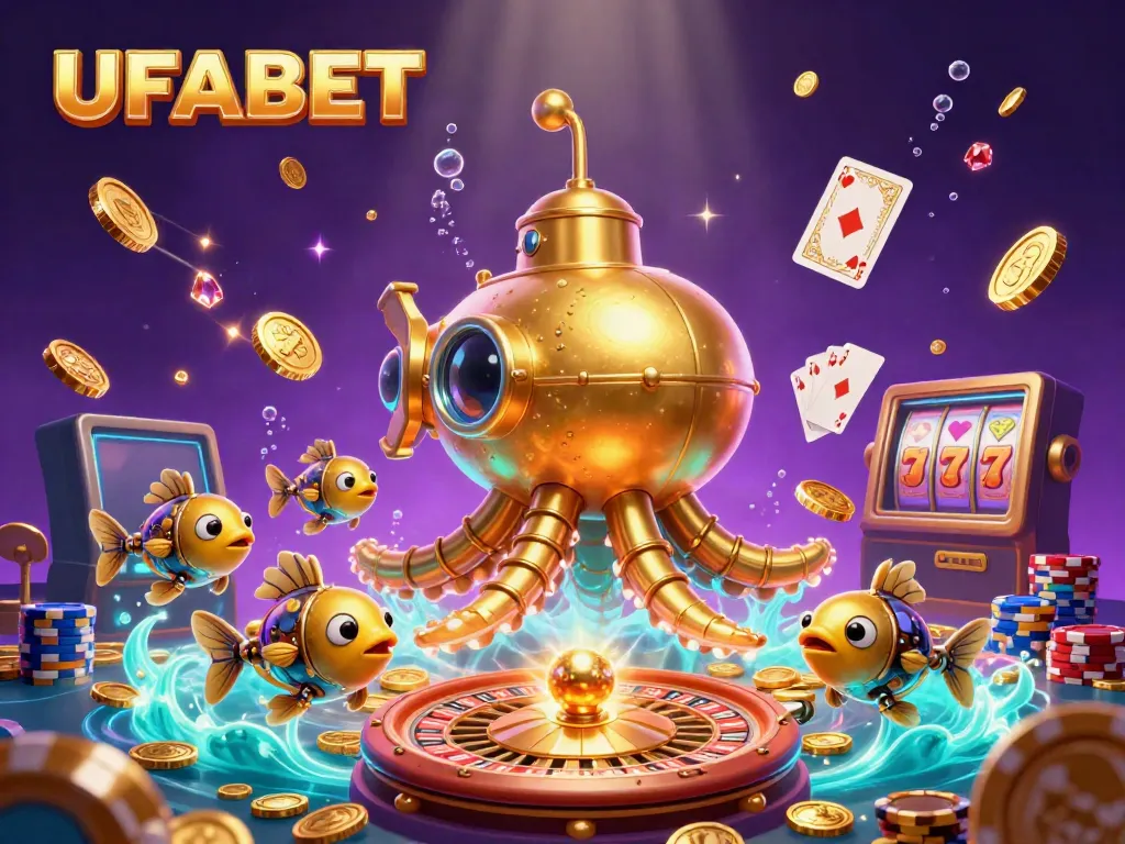 Experience the thrill of UFABET gaming with a dazzling scene of a golden kraken submarine amongst golden coins and spinning roulette.