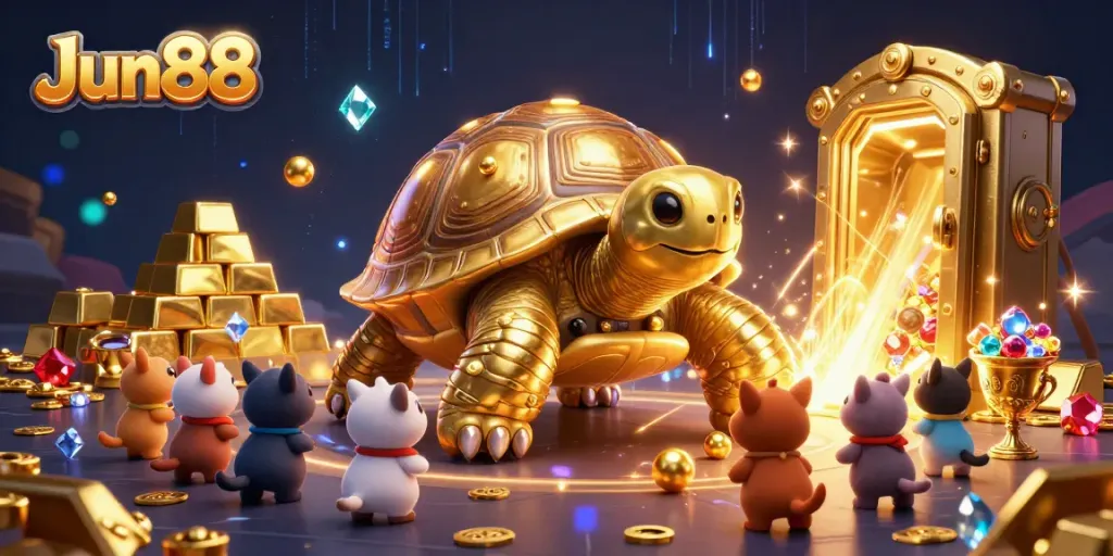 Experience the excitement of Jun88 casino gaming with a dynamic illustration featuring a colossal tortoise and gold treasures.