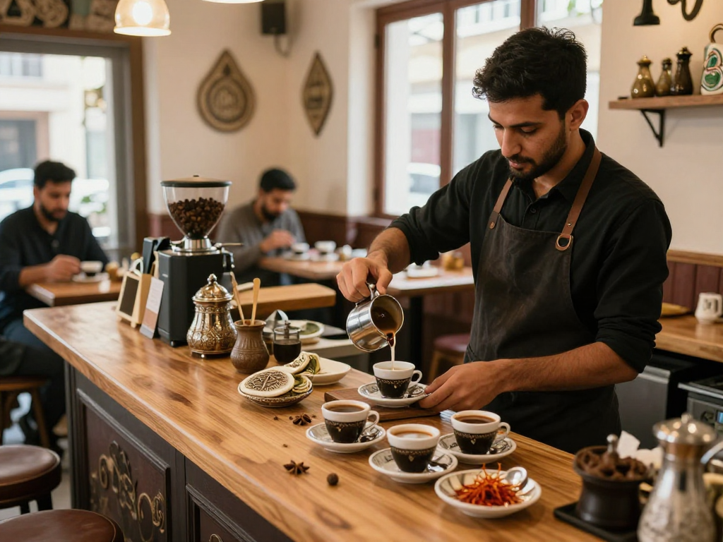 قهوجيين وصبابين في مقهى تقليدي مع تقديم القهوة العربية بأجواء دافئة.