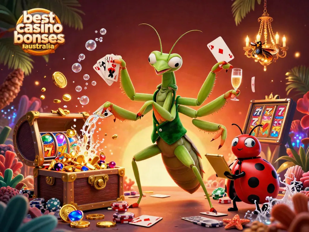 The illustration showcases the best casino bonuses Australia theme with a giant praying mantis card sharp and vibrant casino elements.