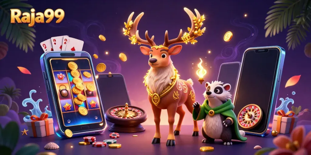 Permainan seru Raja99 dengan stag druid dan badger berkumpul di antara slot game dan koin emas.
