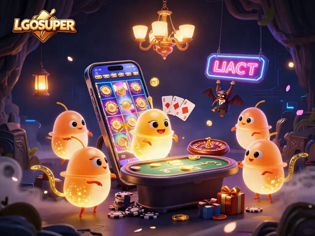 Enthralling LGOSUPER scene captures glowworms and a bat dealer in a vibrant cave casino setting.