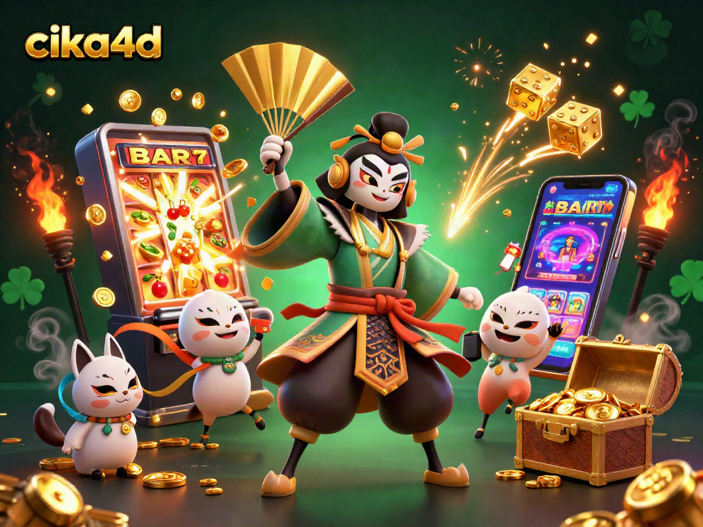 Win big with cika4d: Epic casino scene showcasing dynamic gaming elements and vibrant characters.