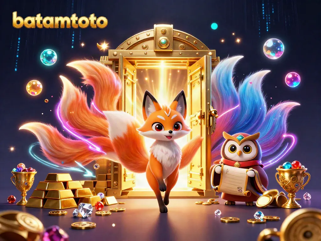 Experience the magic of batamtoto with a vibrant 3D rendering of a glowing fox spirit and treasure elements.