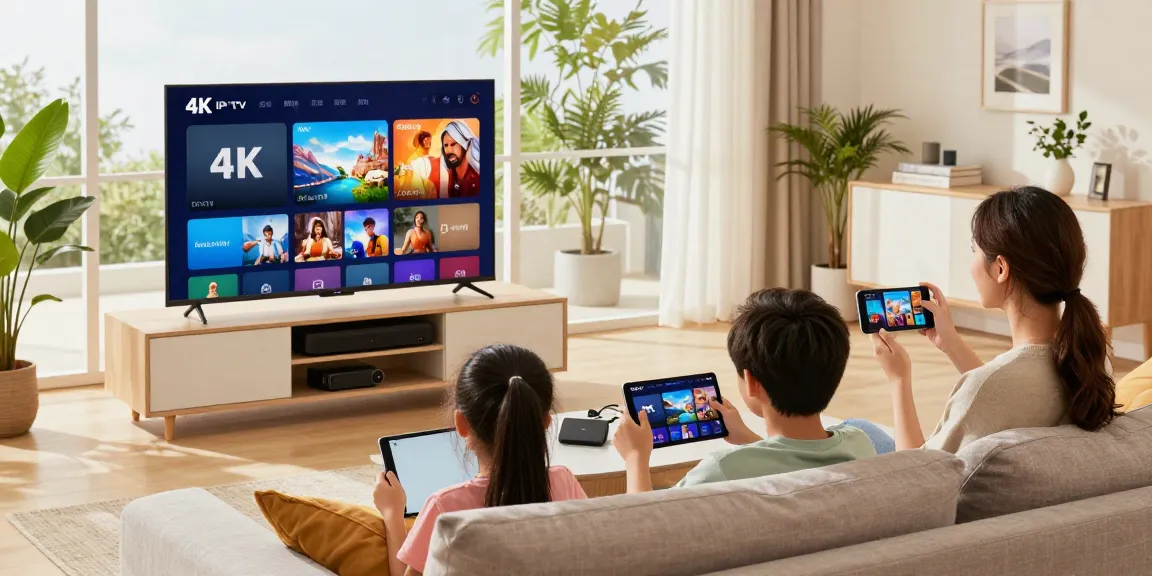 Ervaar superieur IPTV met abonnement in 4K kwaliteit met een tevreden gezin in hun woonkamer.