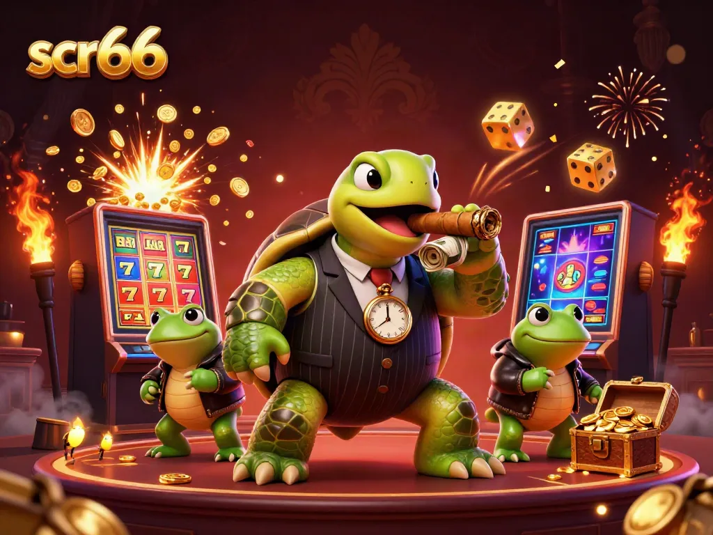 Win big with scr66 at this vibrant casino-themed illustration featuring a snapping turtle and bullfrog enforcers.