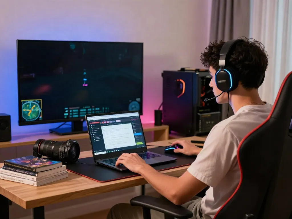 Dewatogel player enjoying an online game in a modern living room with gaming accessories.