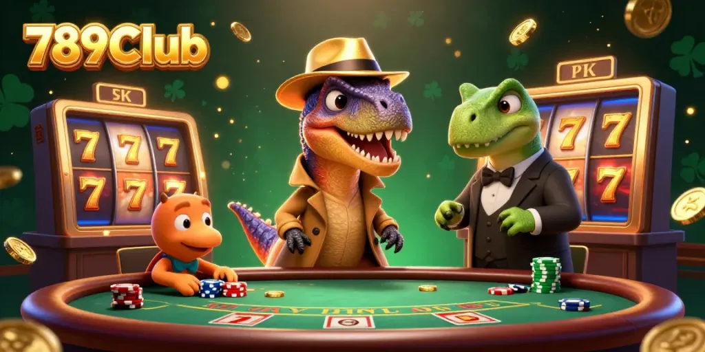 Experience thrilling gameplay at 789Club with a cartoon velociraptor card counter at a blackjack table.