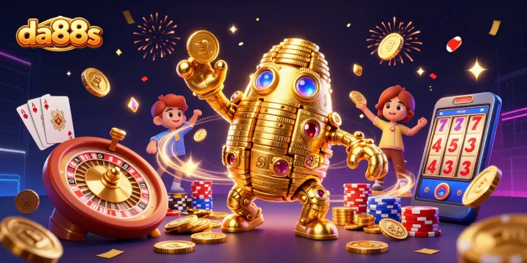 Engage with da88s and experience thrilling casino moments with a golden golem amid dazzling gaming elements.