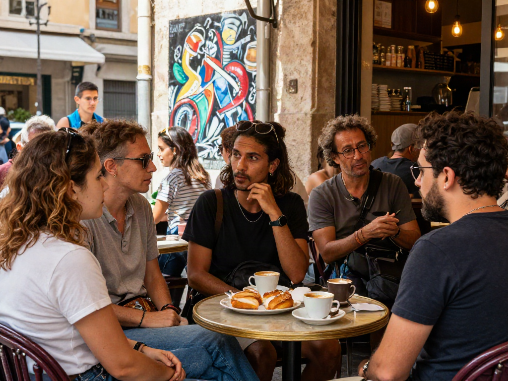 Diskusi sosial, politik, dan budaya di Marseille dengan suasana kafe yang ramai di https://marseillologie.net/2020/01/