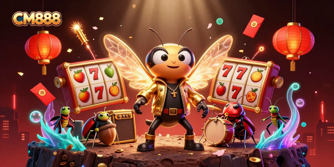 Engage with CM888's vibrant casino scene featuring a cicada rock star amidst thrilling game elements.