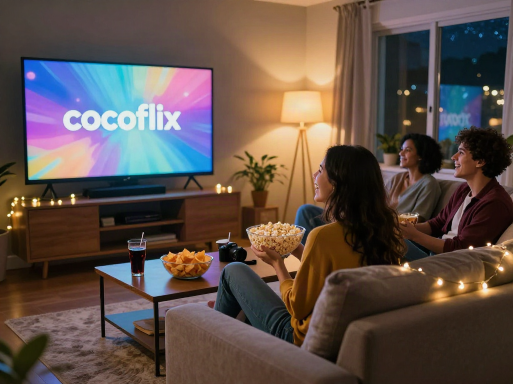 Friends enjoying a movie night on cocoflix, cozy living room with snacks and laughter.