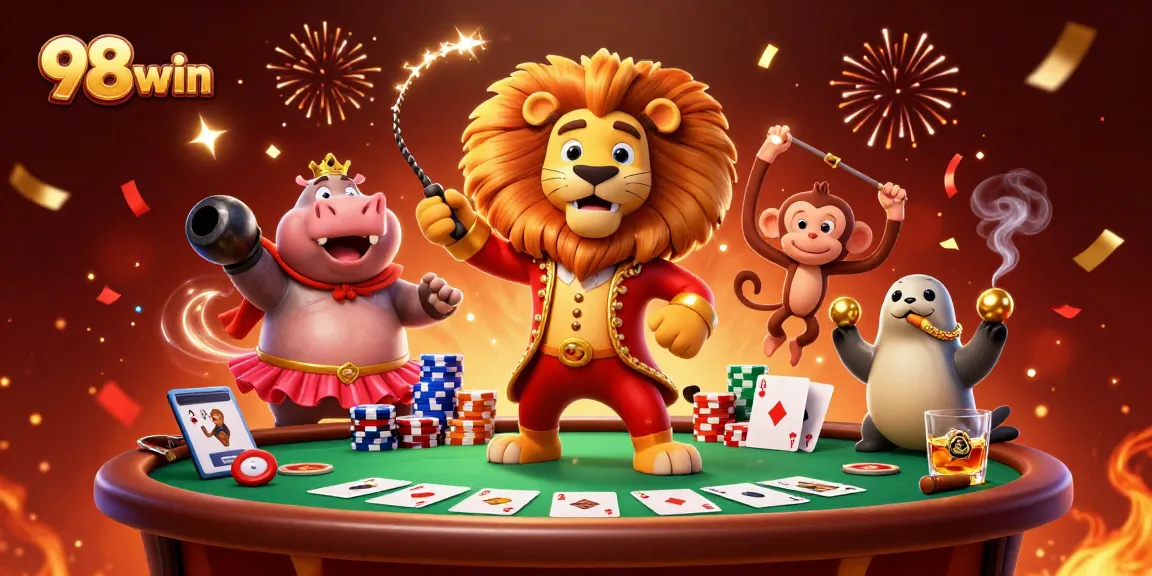 Engage with exciting games at 98win casino, featuring a lively 3D circus scene and poker action.