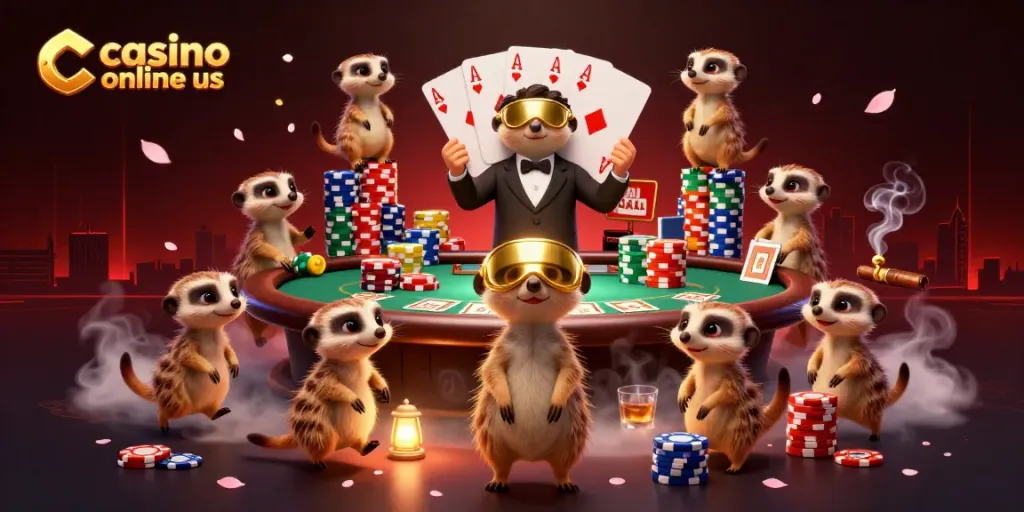 Meerkats playing chip games in a vibrant casino online us setting, showcasing colorful poker tables.