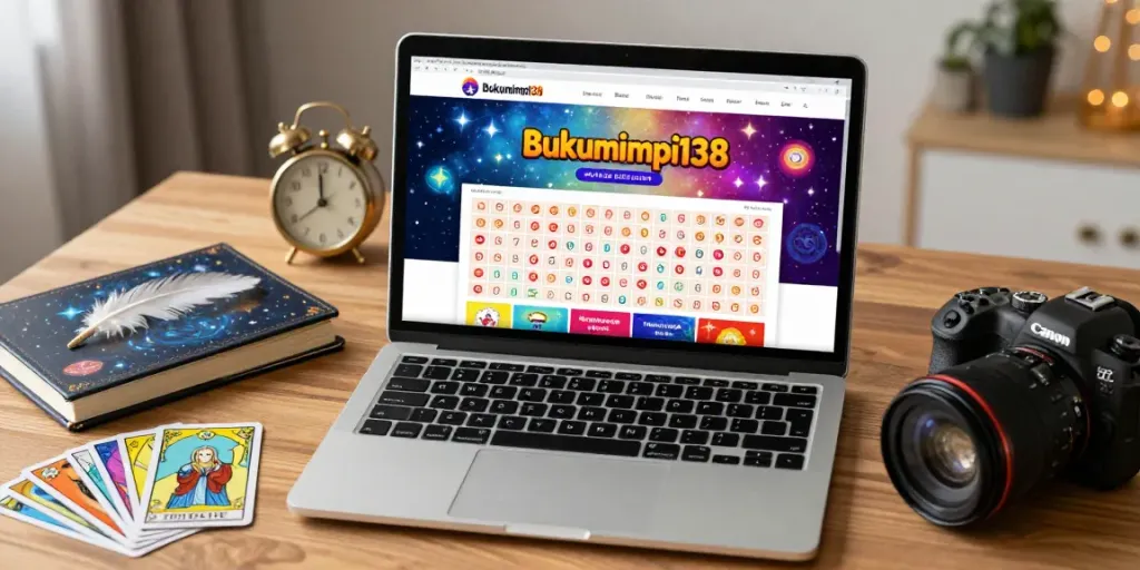 Pengguna menjelajahi bukumimpi138 di laptop, dikelilingi oleh buku mimpi dan simbol impian.