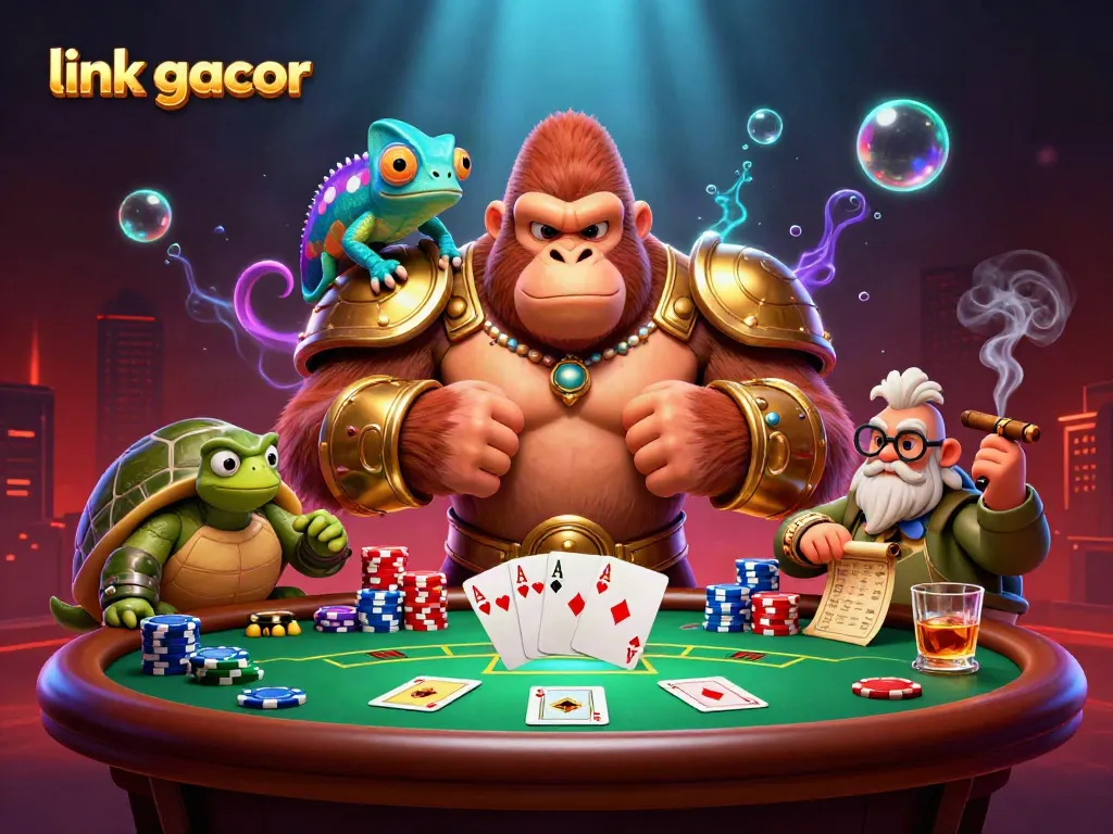 Engage with thrilling moments at link gacor as a powerful gorilla king and friends join a vibrant poker game.