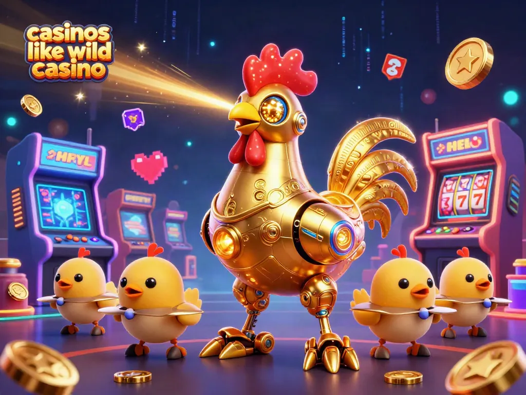 Engage with casinos like wild casino featuring a vibrant 3D rooster robot amidst dynamic game elements.
