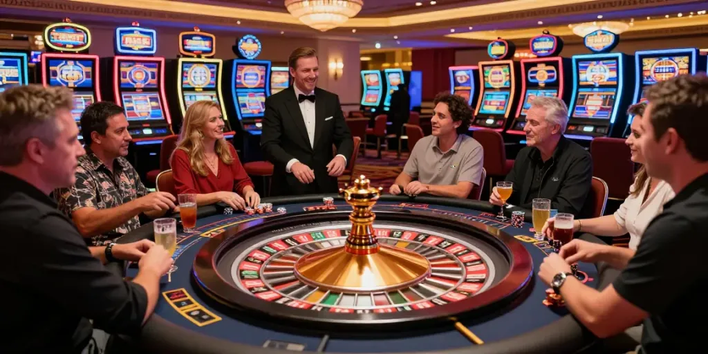 Vegas88 casino scene showcasing a lively roulette table with players and bright slot machines.
