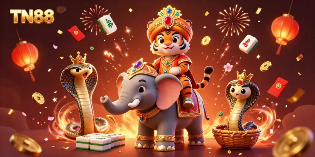 Engage in thrilling gaming with TN88, featuring a vibrant 3D scene of a maharaja tiger and elephant amidst festive casino elements.