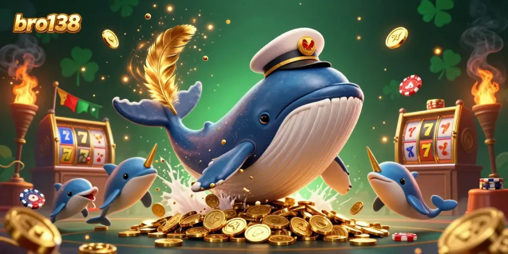 Engage with bro138's exciting game elements featuring whales, dolphins, and slot machines in a vibrant casino scene.