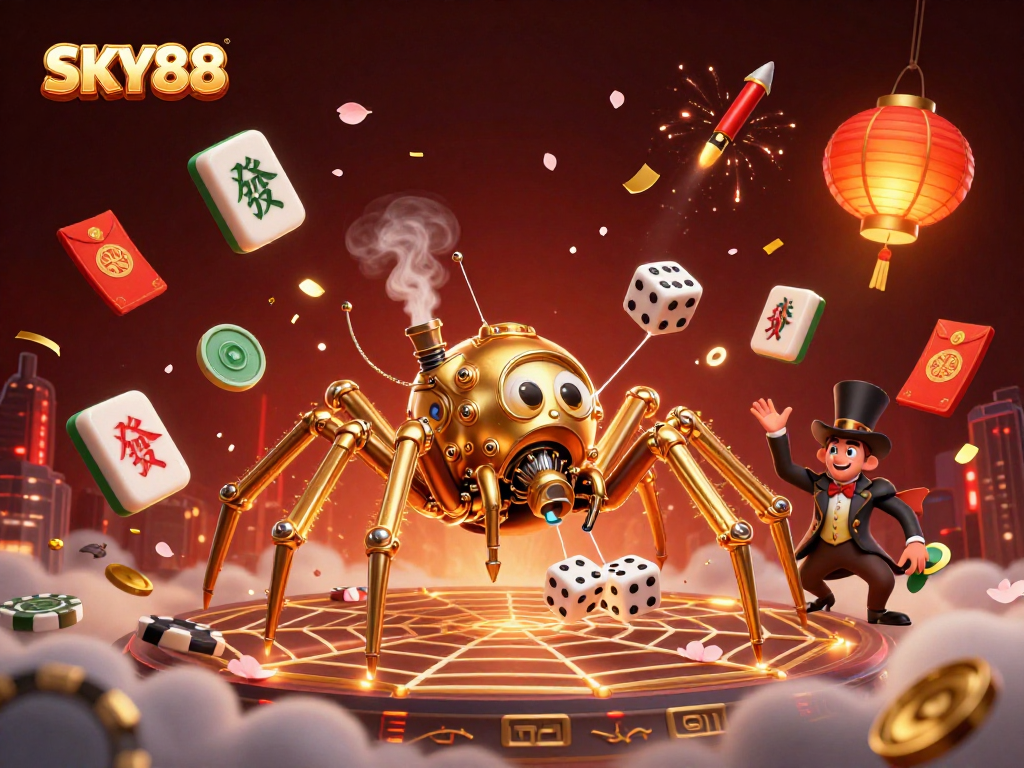 Experience thrilling gaming action at SKY88 with a lively 3D casino adventure featuring a golden spider and vibrant game elements.