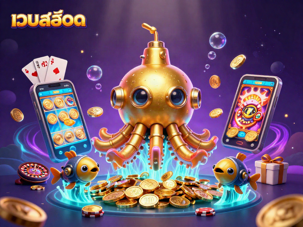 Experience the thrill of เว็บสล็อต with a golden kraken surrounded by coins and casino elements in vibrant colors.
