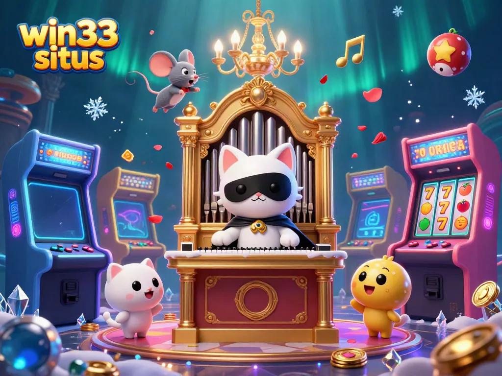 Celebrate wins at win33 situs with an enchanting 3D illustration of a casino cat and a dynamic gaming scene.