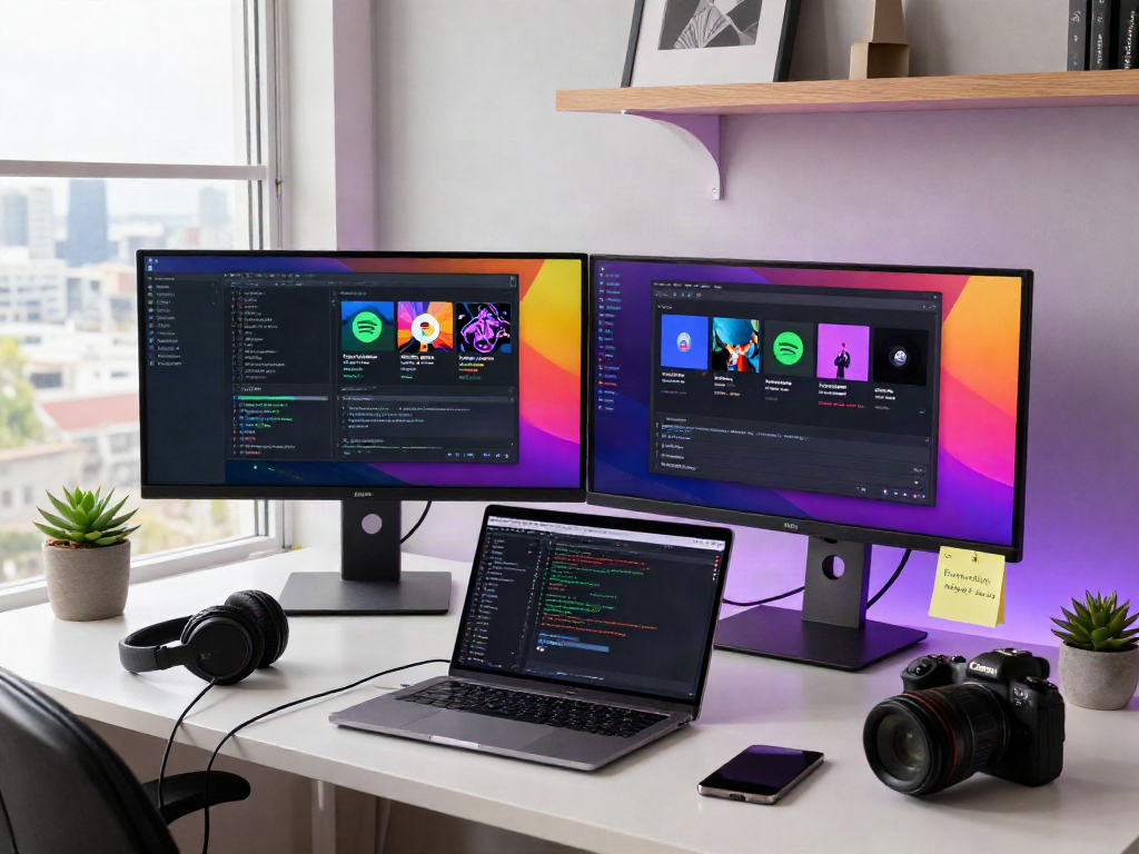 Optimized workspace for Spotify mod development featuring a dual-monitor setup and vibrant user interfaces.