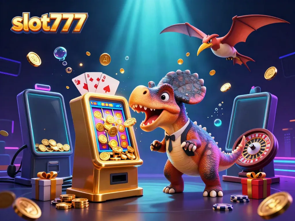 Experience the excitement of slot777 with a pachycephalosaurus winning a jackpot, surrounded by casino elements.