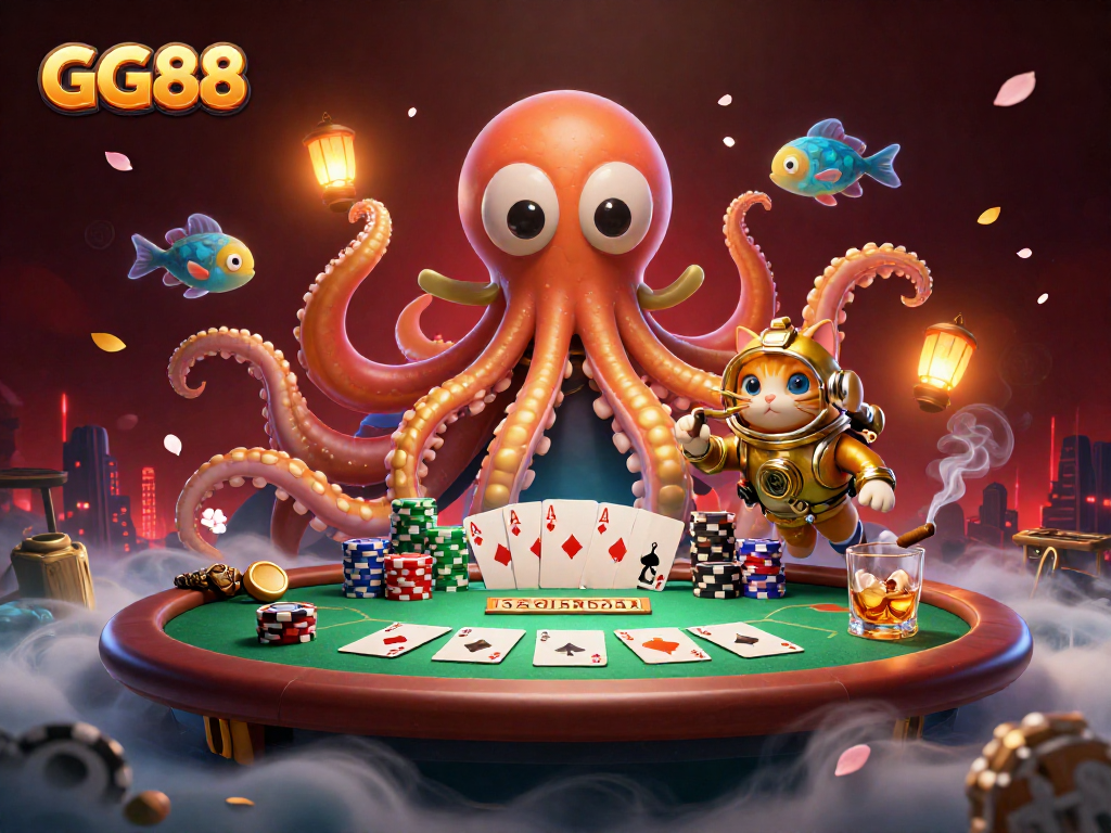 Experience the excitement of GG88 with a kraken and diving cat at a poker table adventure.